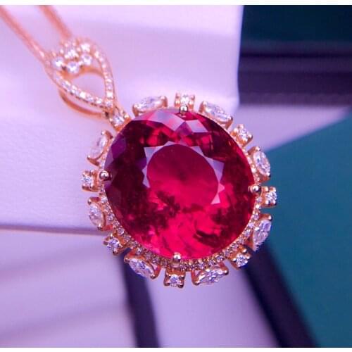 E623 Fine Jewelry Real 18K Gold Natural Red Tourmaline 14.6ct Gemstones Diamond Pendants Necklaces