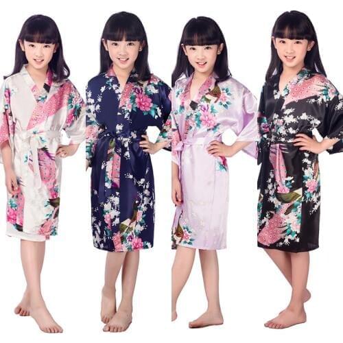 D1686 New Kid Silk floral Robe Kimono Robes Bridesmaid Flower Girl Dress Children Bathrobe Sleepwear Baby Clothes Dressing Gown