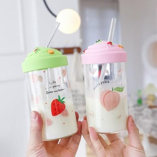 Cute glass personality photo cartoon water glass simple fruit cover with straw girl heart child creative transparent glass