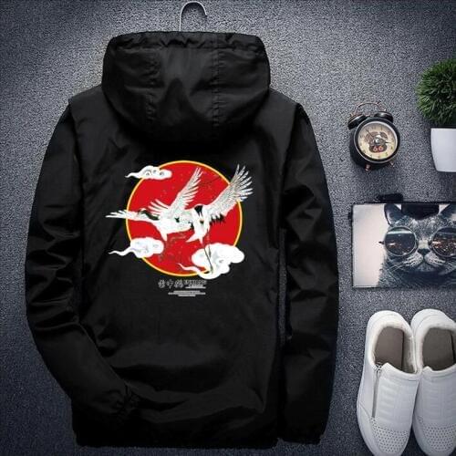 Japanese Crane Print Pullover Jackets Men 2019 Autumn Zipper Hoodie Jacket Male Hip Hop Casual Windbreaker Coat Streetwear