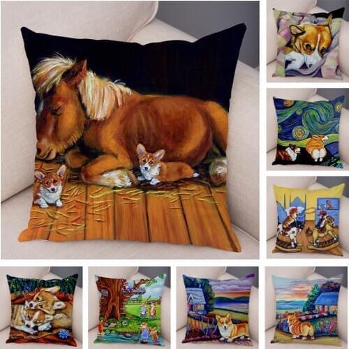 Soft Plush Welsh Corgi Pembroke Cushion Cover for Sofa Children Room Decor Cartoon Animal Pillowcase Oil Painting Pillow Case