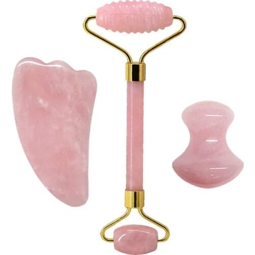 Natural Rose Quartz Face Roller Massager Guasha Board Scraper Set Crystal Stone Facial Massage Jade Roller Guasha Massage Tool