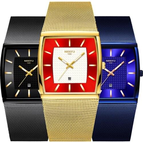 NIBOSI Men Square Watches 2019 Luxury Brand Waterproof Quartz Watch Blue Mesh Stianless Steel Band Male Business Clock