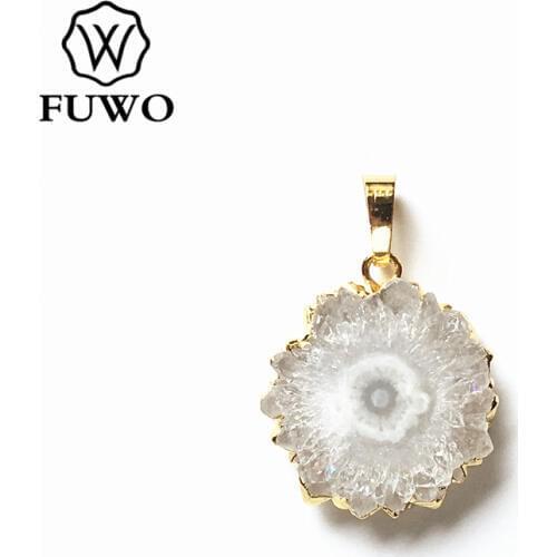 FUWO Natural White Crystal Flower Pendant With Gold Trimmed Irregular Crystal Quartz Pendant For Necklace Making PD262
