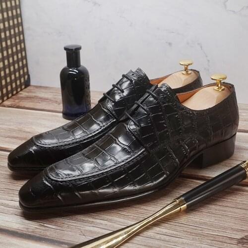 Luxury Genuine Leather Derby Shoes Lace Up Crocodile Prints Pointed Toe Shoes Black Brown Business Office Wedding Men Dress Shoe