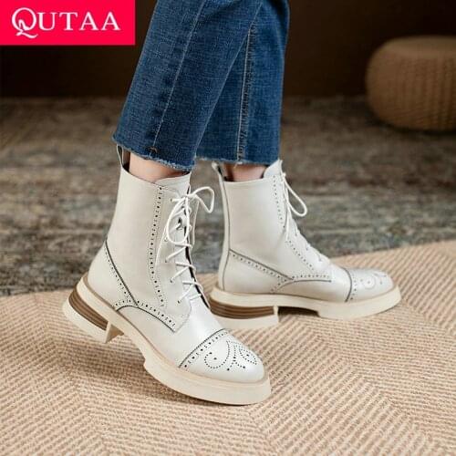 QUTAA 2022 Square Med Heel Women Shoes Lace Up Cut Outs Platform Ankle Boots Round Toe PU All Match Short Boots Size 34-39