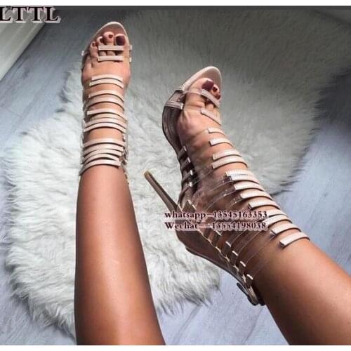 New Sexy Transparent PVC Female gladiator sandals women Boots Open Toes Cut Out High Heels Style Thin Heel Shoes Women