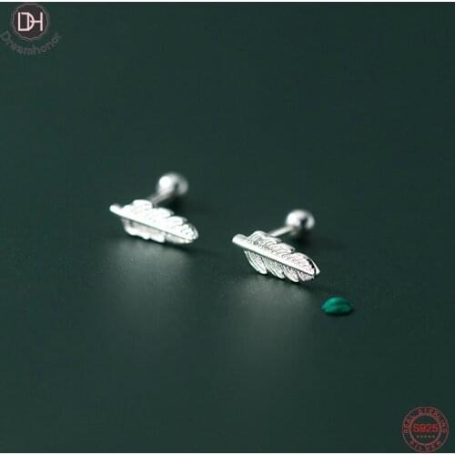 Dreamhonor Solid 925 Sterling Silver Screw Ball Leaves Feather Stud Earrings For Women Birthday Gifts Jewelry