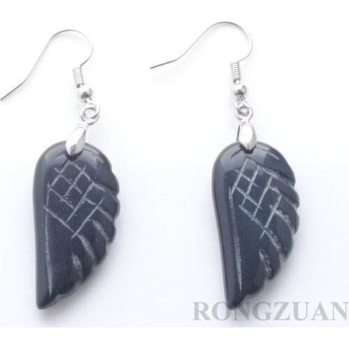 Women Earrings Carved Angel Wing Black Agates Natural Stone Reiki Chakra Pendant beads Drop Earring Decoration Jewelry TR3304