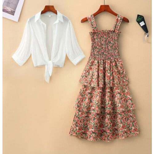 2021 Summer Women Plus Size Two Piece Sets Fashion Sun-Proof Tops + Chiffon Floral Print Sleeveless Beach Strap Dress Suits Q309