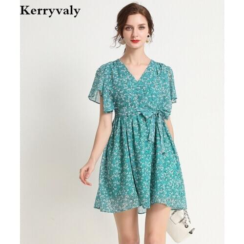 New Style French Retro Green Floral Chiffon Printed Dress Fashion V-neck Strap Mini Summer Beach Dress Roupa Feminina K6317