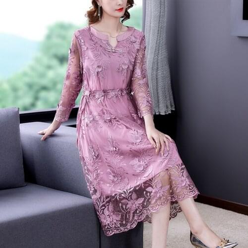 2021 Vintage Casual Mesh Sexy Beach Midi Dresses Spring Autumn Pink Floral Embroidery Dress Women Elegant Bodycon Party Vestidos