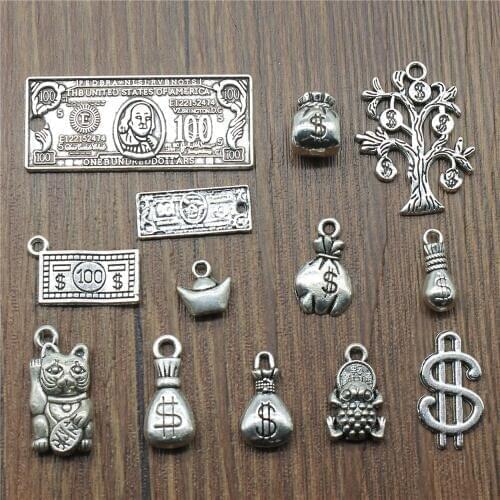 15pcs Moneybag Charms Money Us Dollars Pendants Jewelry Making Lucky Money Charms Antique Silver Color