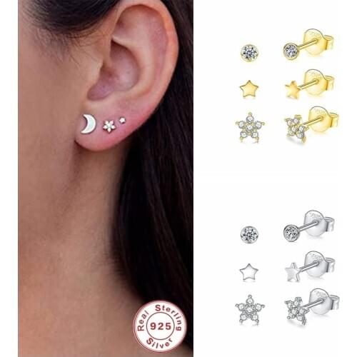 3pcs/set Women Piercing Pendientes Minimalist Cute Bling Zircon Five-Pointed Star Mini Stud Earring For Anniversary Party Gift