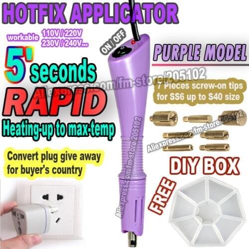 Rapid Heat HotFix Applicator ! 1 set/lot Pink Purple wand Gun+free DIY box for Hot fix Rhinestones iron on crystals strass stone