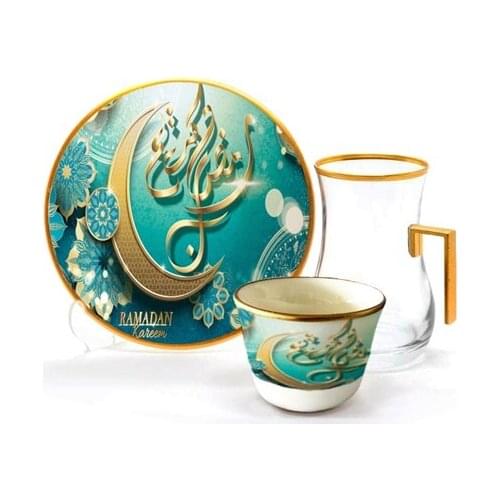 Drop Efe Handled Tea & Arabian Coffee Cup Set 18 Pieces Crescent