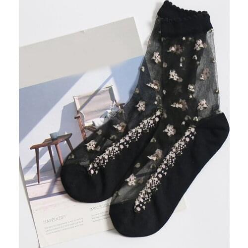 Girl 's Translucent Flower Socks Medium Tops Ultra-thin Japanese Style Ankle Socks For Women Summer Silk Elastic Mesh Knit Frill