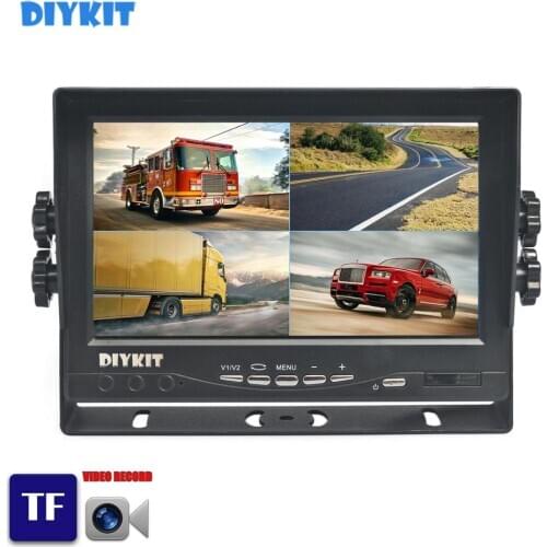 DIYKIT 1024*600 AHD 7" 4 Split Quad IPS Screen Rear View Car Monitor Support 4 x 960P AHD Camera with SD Card Video Recording