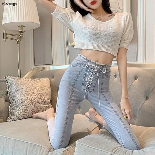 Jeans For Women High Waist Elastic Stretch Jeans Female Slim Chic Lace-up Front Zipper Denim Skinny Pencil Pants Autumn LU1928