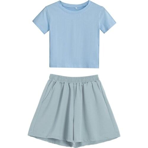 Harajuku Croped T Shirt Girls Two-piece Suits Summer Sexy Cotton Tops for Women Pant Sets Feminina Short Sleeve O-Neck T Shirts