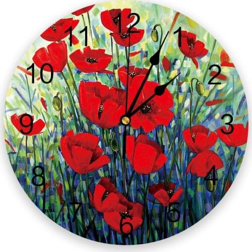 Oil Painting Poppy Flower 3d Wall Clock Modern Design Farmhouse Decor Kitchen Vintage PVC Round Clock Living Room Decoration