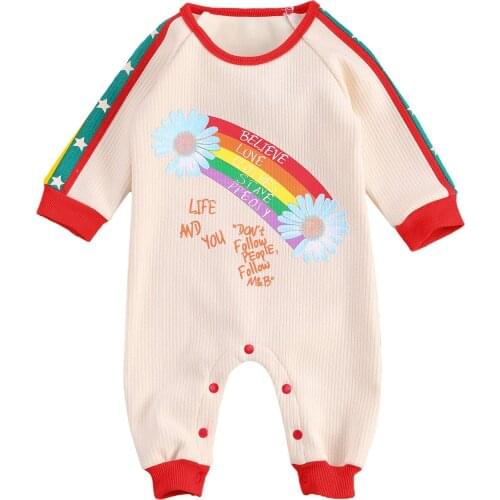 Newborn Baby Girls Boys Ribbed Romper Rainbow Printed Rompers Winter Warm Infant Baby Clothes Jumpsuits
