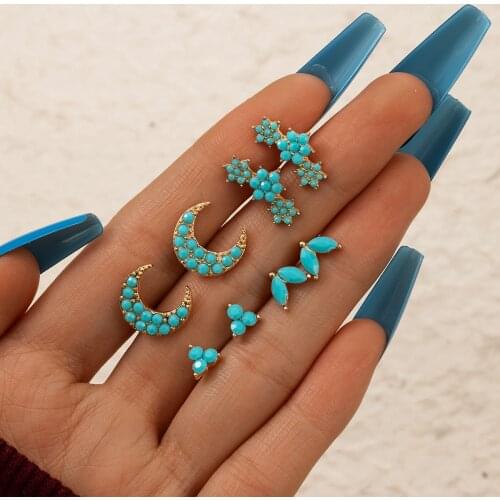 Docona 4pair/sets Bohemia Blue Gem Stone Stud Earrings for Women Geometry Star Moon Metal Earring Set Female Jewelry Gift 17346