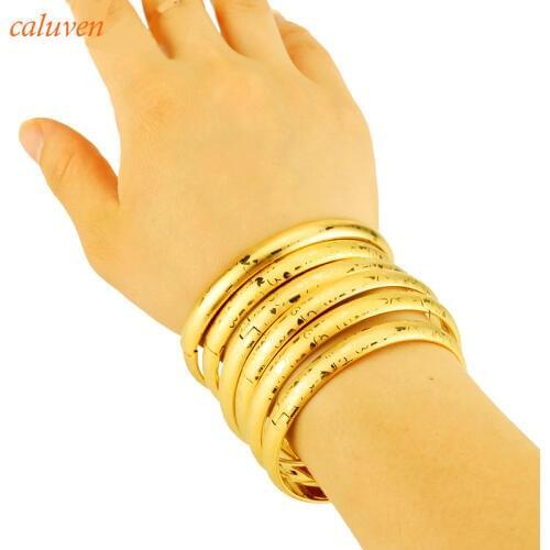 LOVE 6pcs/lot 8MM Dubai Bangles New Open Size Laser Gold Color Bangles for Women Ethiopian Bangles & Bracelets Girls Gift