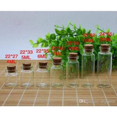 Hot Sale Small Mini Corked Bottle Vials Clear Glass Wishing Drift Bottle Container with Cork .5ml 1ml 2ml 3ml 4ml 5ml 6ml 7ml 10