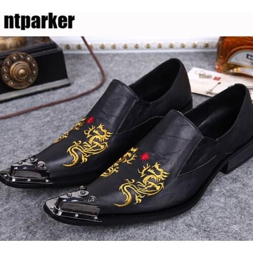 New Designer Personalized Metal Toe Men Shoes Pointed Toe Men leather Shoes Slip On British Party Leather Dress Shoes Black