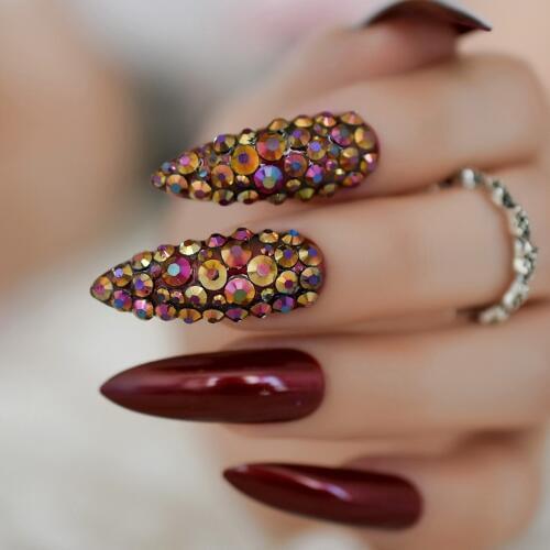 Press On Nails Custom Full Rhinestones Decoration Design Stiletto Nails Extra Long Wine Red UV Gel Shiny Nail Tips 24