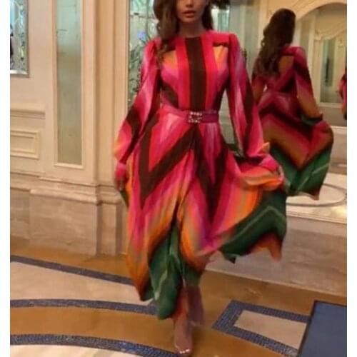 Wholesale New Fashion Designer Full Sleeve Rainbow Dress Elegant Long Printed Dress Colorful Print Luxury