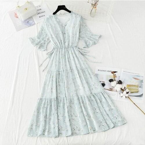 Floral Print Ruffled Summer Dress Women Elegant Short sleeve Drawstring Slim Female Chiffon Dress Bohemian Sweet Long Dress