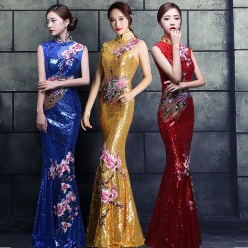 Red Chinese Wedding Dress Female Long Cheongsam Gold Slim Chinese Traditional Dress Women Qipao for Wedding Party embroidery