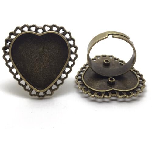 Fashion Rings 17.5mm(US 7) Adjustable Antique Bronze Heart Cabochon Setting Antique Silver Jewelry Making Material 5Pcs/Lot