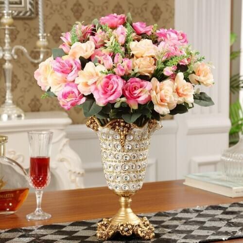 Modern Resin Diamond Vase+Artificial Flower Set Figurines Home Livingroom Crafts Decor Office Desktop Fake Flower Pot Ornaments