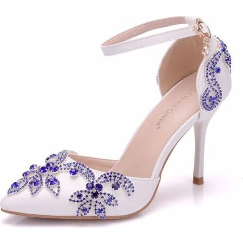 Summer Women Pumps Fashion Classic Buckle Strap Rhinestone Hollow Pointed Toe Thin Heels 9CM Wedding Women Dress Shoes