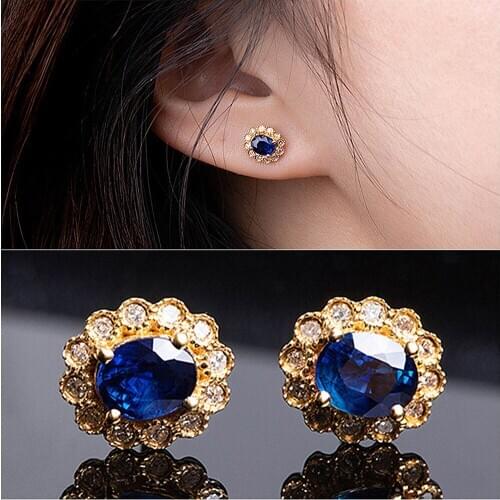 Small Flower Blue Crystal Sapphire Gemstones Diamonds Stud Earrings for Women Girl 14k Gold Color Royal Jewelry Bijoux Fashion