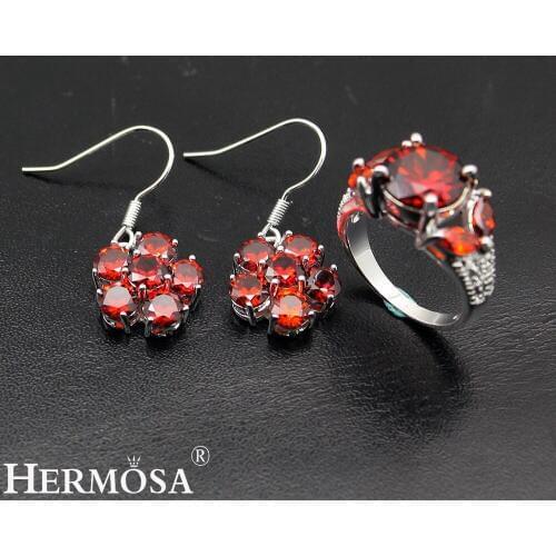 Hermosa Sweet Shiny Red Mozambique Garnet Silver Color Earrings Ring Size 7 women Jewellery Set NY812 Party Gift