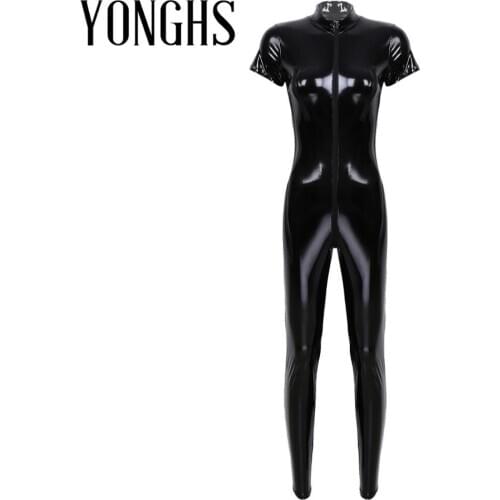 Womens Bodysuit Glossy Wetlook Patent Leather Stand Collar Cap Sleeves Zippered Bust Crotch Leotard Bodysuit Catsuit Clubwear
