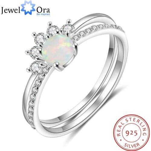 JewelOra Stackable 925 Sterling Silver Round White Opal Rings for Women Cute Crown Ring with Cubic Zirconia Silver 925 Jewelry