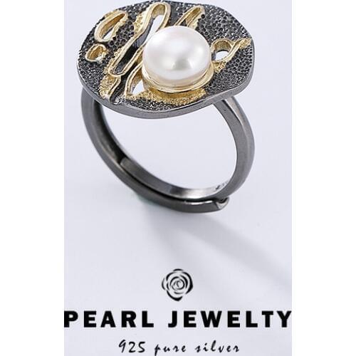 Luxury 100% genuine 925 Sterling Silver Rings For Women Retro vintage baroque pearl S925 silver adjustable open ring jewelry