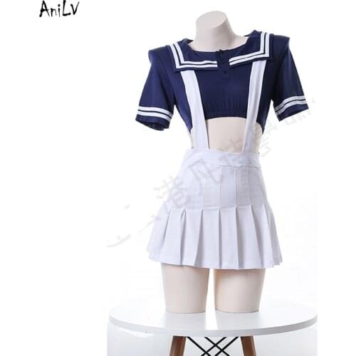 AniLV Anime Girls Navy Sailor Uniform Temptation Costume Summer Beach Student Strap Skirt Swimwear Swimsuit Lingerie Cosplay