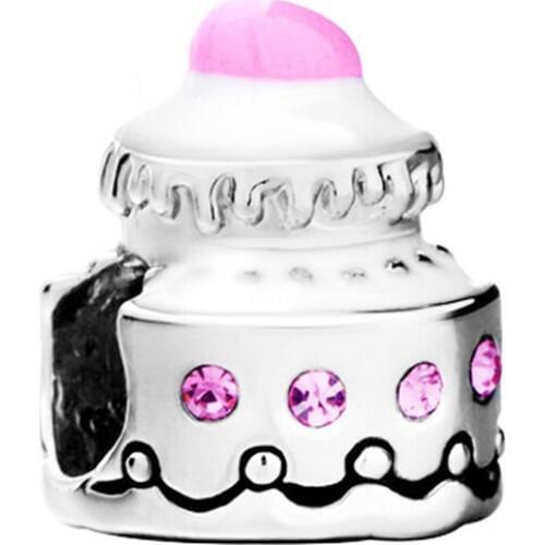 DIY birthday cake charm beads pink rhinestone & enamel big hole amulet original brand design Fit Pandora Bracelet Necklace