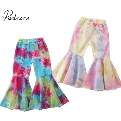 Kids Infant Baby Girl Pants, Ruffle Trousers Tie Dye Printed Ripped Jeans Keep Warm Winter Fall Personality Rough Hem Clothes