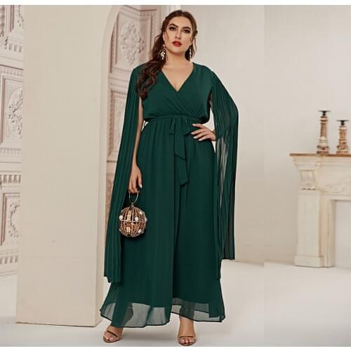 DOIB Women Dark Green Dress Cross V Neck Large Size Sashes Plus Size Dress 2021 Fashion Female Dress