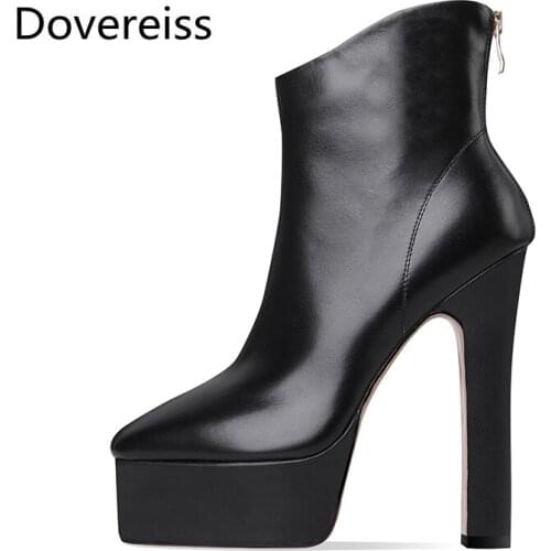 Dovereiss Fashion Womens Shoes Winter Sexy Genuine Leather Platform Square Toe Back Zipper Chunky Heels Mature Ankle Boots 33