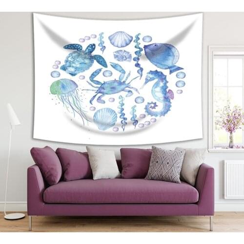 Tapestry Jellyfish Seahorse Fish Turtles Seaweed Sea Life Enclosed in A Circle Marine Animals Watercolor Art Blue White