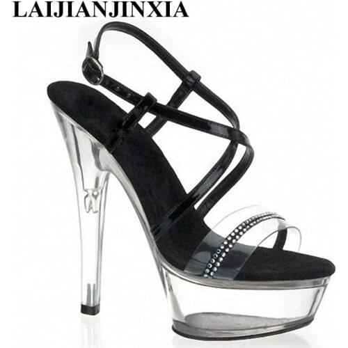 LAIJIANJINXIA New womens shoes sexy stage 15cm stiletto sandals black 6 inch high heel shoes clear Crystal Platforms shoes
