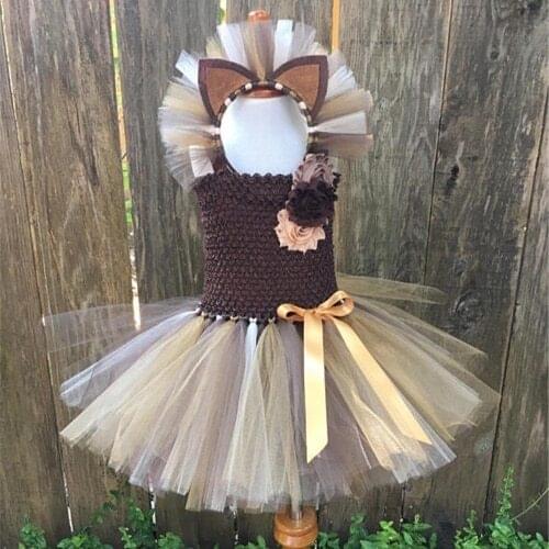 Cute Girls Lion King Cartoon Tutu Dress Kids Crochet Tulle Dress with Flowers and Hairbow Children Party Costume Cosplay Dresses